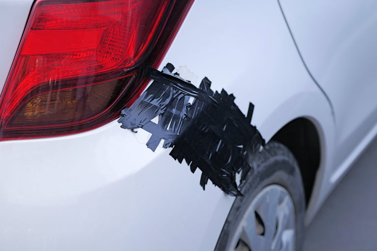 White vehicle showing a damaged rear bumper with temporary duct tape fix