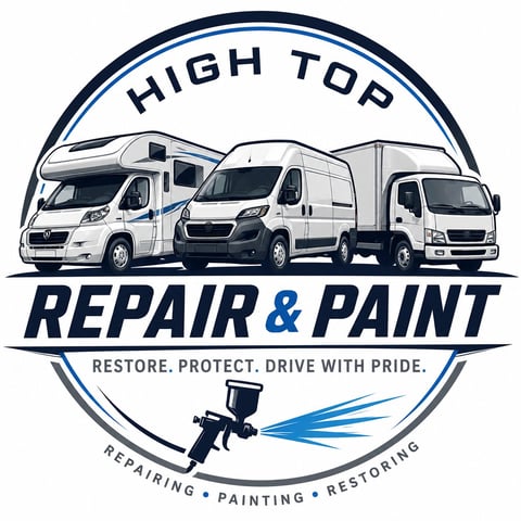 High Top Repair and Paint logo featuring three commercial vehicles, paint sprayer icon, and tagline Restore Protect Drive With Pride